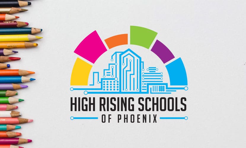 High Rising Schools of Phoenix Logo with colored pencils on the far left