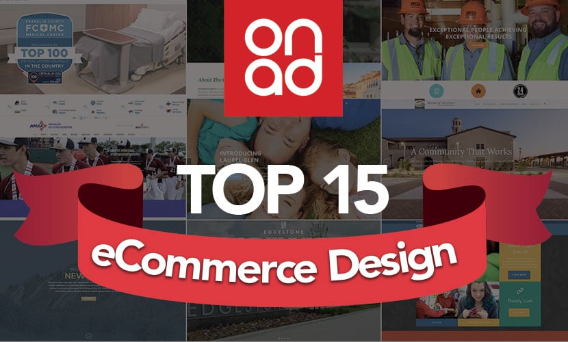 Top 15 eCommerce Design ON Advertising banner showcasing mock-up websites