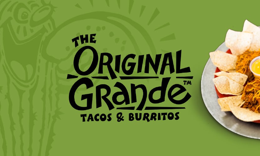 The Original Grande logo in front of nachos and corporate characters