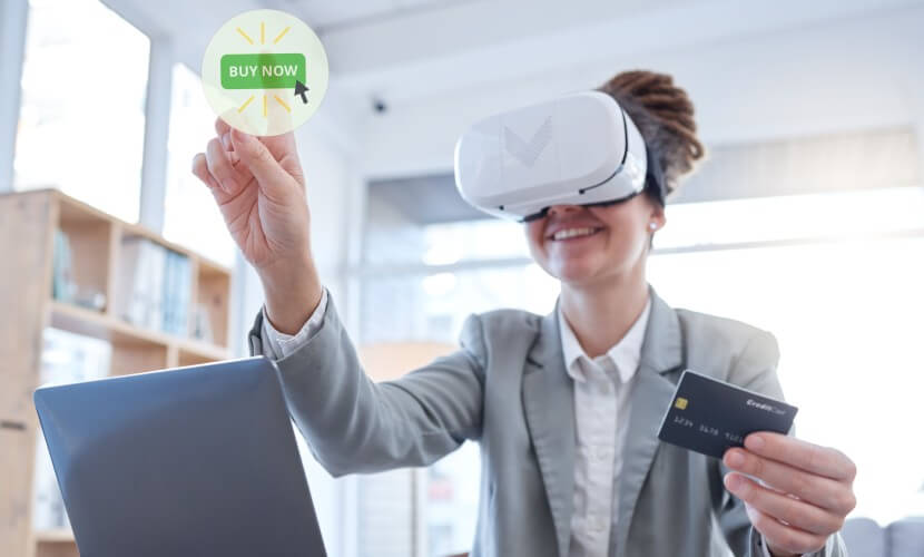 Woman with VR headset shopping online.